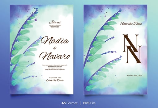 Watercolor wedding invitation template with green and blue flower ornament vector