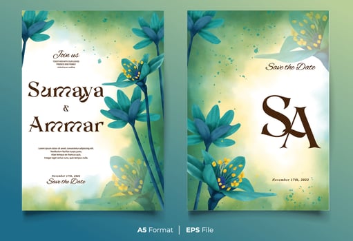 Watercolor wedding invitation template with blue flower ornament vector
