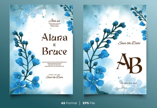 Watercolor wedding invitation template with blue flower ornament vector