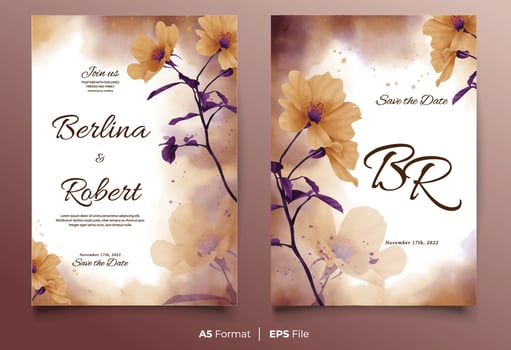 Watercolor wedding invitation template with orange and purple flower vector