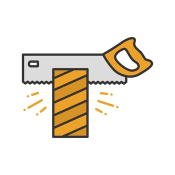 Tenon saw cutting wooden plank color icon. Isolated vector illustration