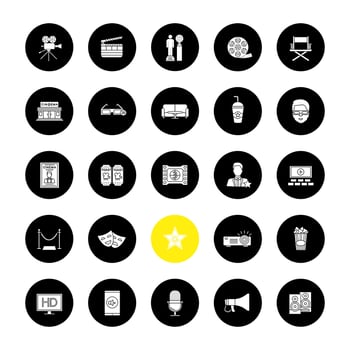 Cinema glyph icons set. Movie theater. Equipment, service, awards. Vector white silhouettes illustrations in black circles