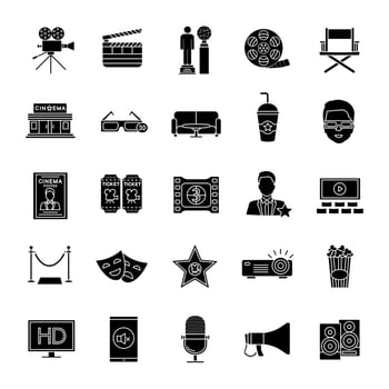 Cinema glyph icons set. Movie theater. Equipment, service, awards. Silhouette symbols. Vector isolated illustration