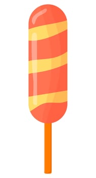 Delicious colored ice cream on a stick with pieces of fruit. A juicy summer element for the design. Vector image on a white isolated background