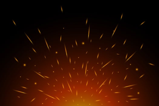Fiery sparks on air over dark night. Flying glowing particles from fire. Flame lights effect on black background vector eps illustration