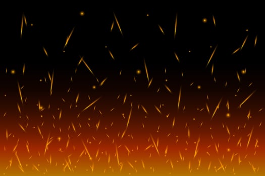 Fiery sparks on air over dark night. Flying glowing particles from fire. Flame lights effect on black background from bottom side vector eps illustration