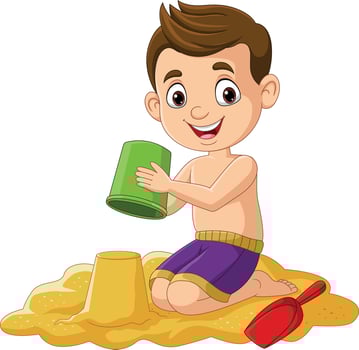 Cartoon little boy playing sand castle vector