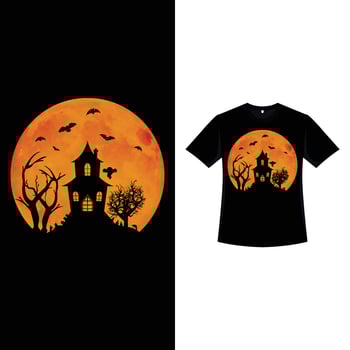 Halloween retro color T-shirt design with a moon shape and a haunted house with gravestones. Halloween scary T-shirt design with vintage color and scary house. Scary fashion design for Halloween. vector