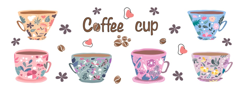 Cute vintage coffee cup set Designed in doodle style for digital printing, background, card decoration, coffee shop, clothing design, bag, sticker, pillow, scrapbook, t-shirt design and more. vector