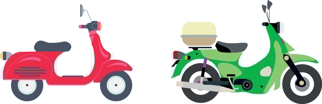 Motorbike set. Motorcycle and scooter, bike and chopper. Motocross and delivery retro and modern vehicles side view vector icons. Illustration scooter and motorcycle, chopper and sport bike