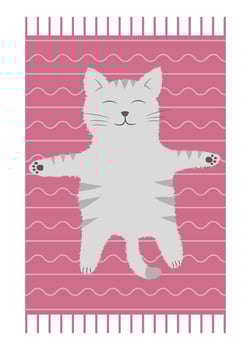 Vector illustration, contented cat is sleeping on the rug, cartoon pet