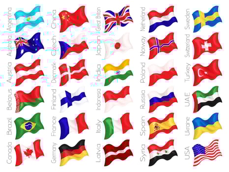 Set of waving flags of countries of the world. Isolated on white. Vector illustration.