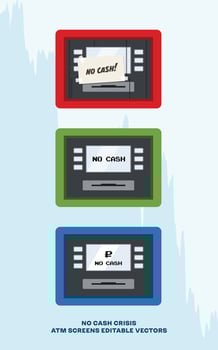 Set of ATM machine screens with no cash sign, flat design. Banknotes shortage illustration, editable vector, financial sector crisis. vector