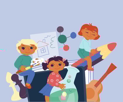 Back to school banner design with colorful funny school children and education items flat vector illustration. Education and studying school and preschool concept.