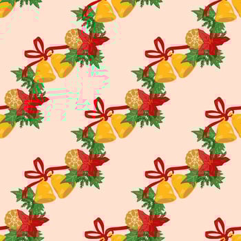Christmas holiday diagonal stripes seamless pattern with cookies and Xmas bells, Poinsettia flower and green leaves, cartoon vector illustration. New Year winter endless texture for cards and package.