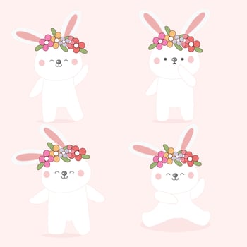 Easter Rabbit cartoon with flower . vector