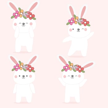 Easter Rabbit cartoon with flower . vector