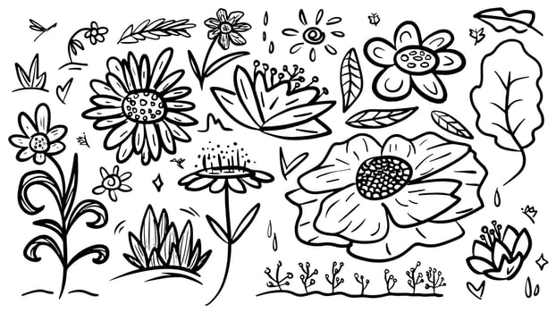 doodle hand drawn outline floral vector icon set illustration template collection for coloring book