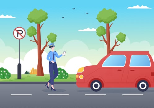 Traffic Police Ticketing Car on Road Vector Illustration with Standing and Wearing Uniform with Equipment Flat Cartoon Style