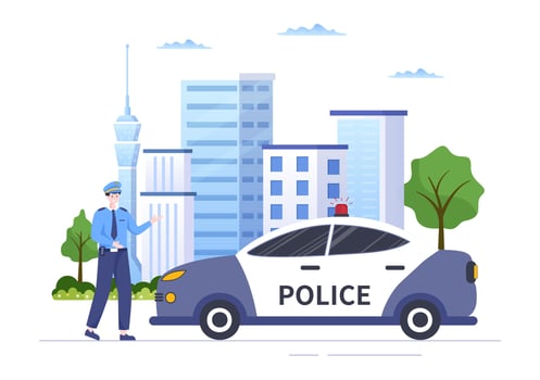 Police Station Department Building Vector Illustration with Policeman and Car on Flat Cartoon Style Background