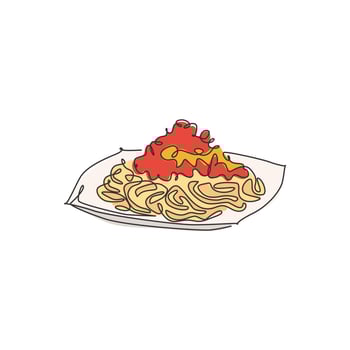 Single continuous line drawing of tasty delicious Italian spaghetti logo label. Pasta noodle restaurant concept. Modern one line draw design vector illustration for cafe, shop or food delivery service
