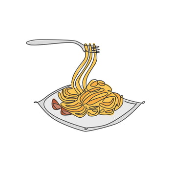 One single line drawing of fresh delicious Italian spaghetti logo vector illustration. Pasta fast food cafe menu and restaurant badge concept. Modern continuous line draw design street food logotype