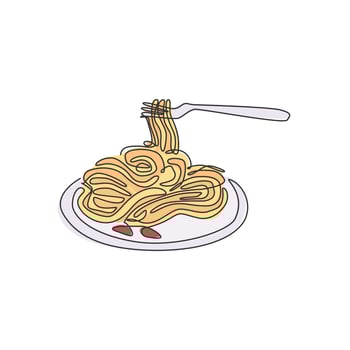 One continuous line drawing of fresh delicious Italian spaghetti pasta restaurant logo emblem. Italy fast food noodle shop logotype template concept. Modern single line draw design vector illustration