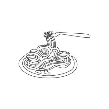 One continuous line drawing of fresh delicious Italian spaghetti pasta restaurant logo emblem. Italy fast food noodle shop logotype template concept. Modern single line draw design vector illustration