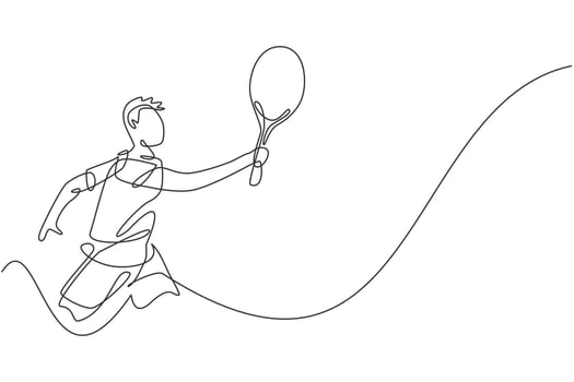 Single continuous line drawing young agile tennis player hold opponent's ball hit. Sport exercise concept. Trendy one line draw graphic design vector illustration for tennis tournament promotion media