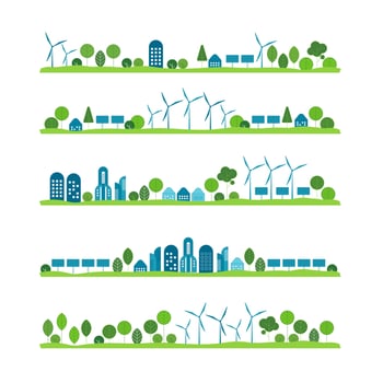Bundle of urban landscapes with eco city using modern ecologically friendly technologies - wind power, wind turbine, solar energy, hills and trees. eco and green energy concept. vector design