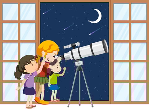 Kids observe night sky with telescope vector