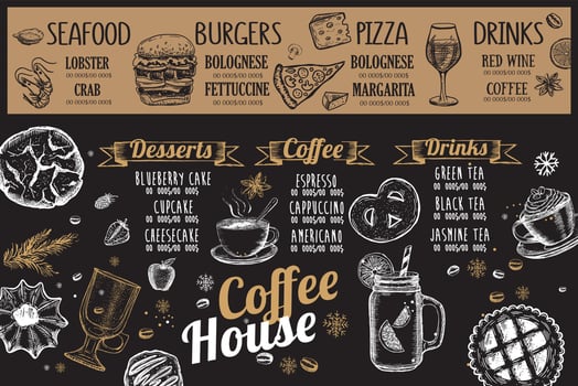 Restaurant menu, template design.. Food flyer. Hand-drawn style. Vector illustration.