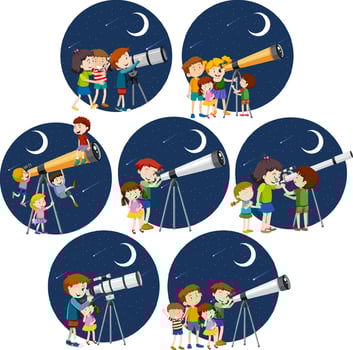 Set of different kids looking through telescope at night vector