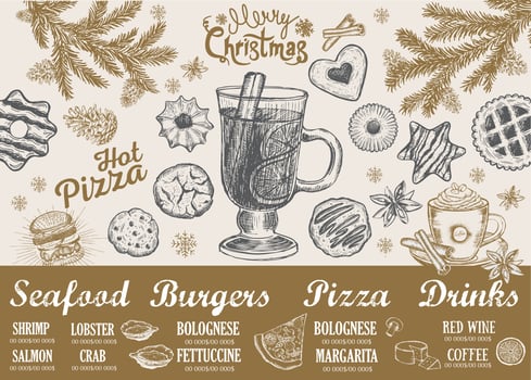 Christmas menu cafe. Food flyer. Restaurant menu. Template design. vector