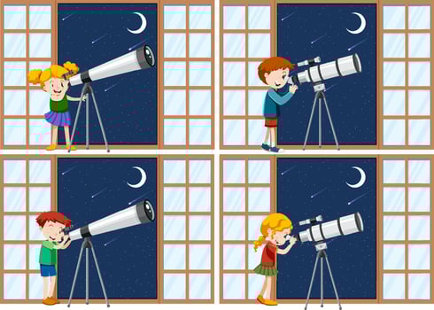 Set of different kids observe night sky with telescope vector