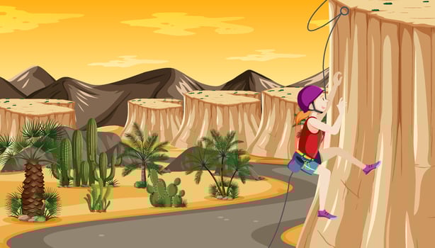Rock climbing scene with woman climbing vector