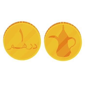 United Arab Emirates currency coins. 1 Dirhams vector stock illustration. Cartoon money. AED. DHS. Isolated on a white background.