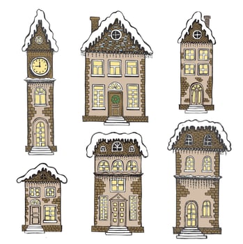 Illustration of houses. Christmas Greeting card. Set of hand drawn buildings. vector