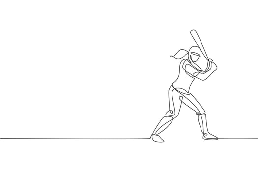 One single line drawing of young energetic woman baseball player practice to hit the ball vector illustration. Sport training concept. Modern continuous line draw design for baseball tournament banner