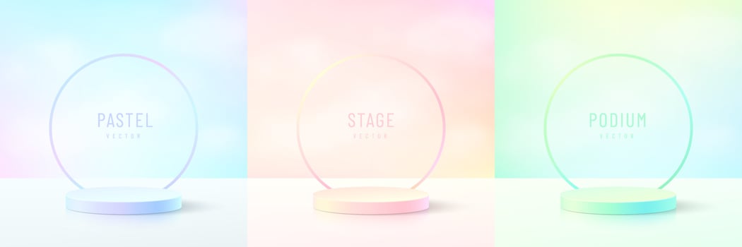 Set of abstract colorful 3D room with realistic cylinder mockup podium in green, yellow, pink and blue hologram color. Pastel minimal scene for product display. Vector geometric forms. Stage showcase.
