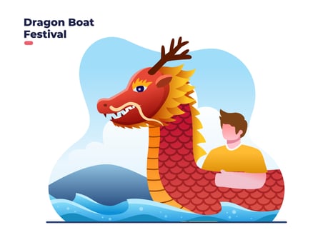 People rowing dragon boats to celebrate dragon boat festival. Illustration of Chinese Dragon Boat Festival. Can beused for greeting card, postcard, print, social media, banner, poster, etc vector