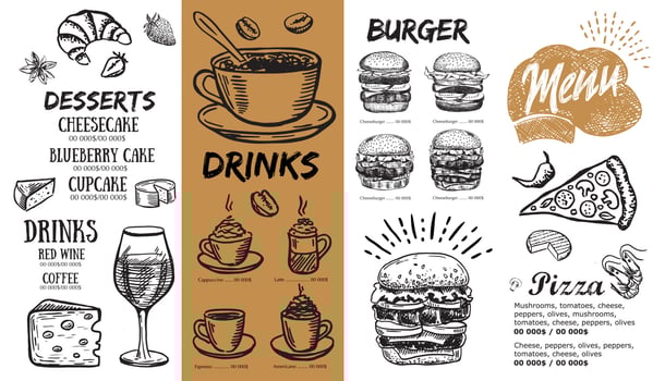 Restaurant menu, template design.. Food flyer. Hand-drawn style. Vector illustration.