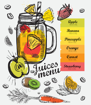 Menu Juice, Smoothie. Template design, Hand drawn style. vector