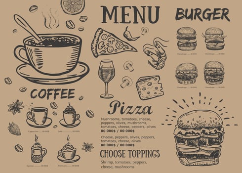 Restaurant menu, template design.. Food flyer. Hand-drawn style. Vector illustration.