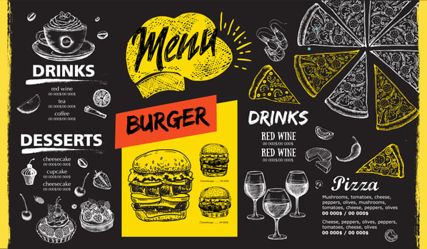 Restaurant menu, template design.. Food flyer. Hand-drawn style. Vector illustration.