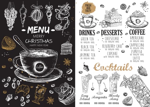 Christmas menu cafe. Food flyer. Restaurant menu. Template design. vector