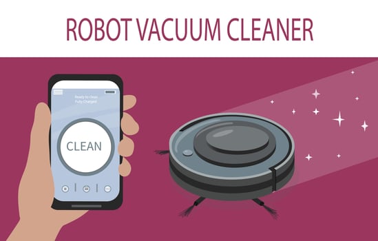 A smartphone app to control the robot vacuum cleaner. Modern smart home appliances for cleaning apartments. Smart appliances vector