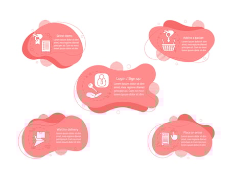 Online shopping site concept illustrations. Internet store pink infographic template. Fluid elements with text and linear icons. Five wavy bubbles steps. Presentation, banner report vector cliparts