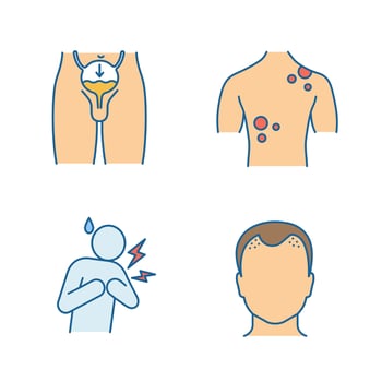 Men's health color icons set. Urinary incontinence, skin cancer, heart attack, hair loss. Myocardial infarction, involuntary urination. Isolated vector illustrations