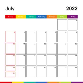 July 2022 colorful wall calendar, week starts on Sunday. vector